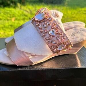 Joan Boyce Rose Gold Jeweled Wedge Slide Sandals Crystal Embellished Glam 7W NIB